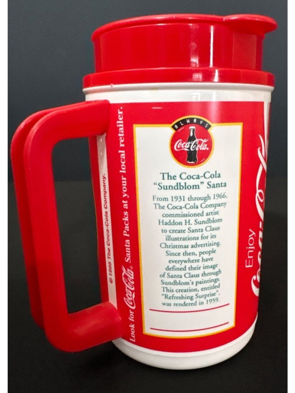 Whirley Coca-Cola Classic Christmas 1995 Sundblom Santa Plastic Mug Red Vintage - Picture 12 of 13